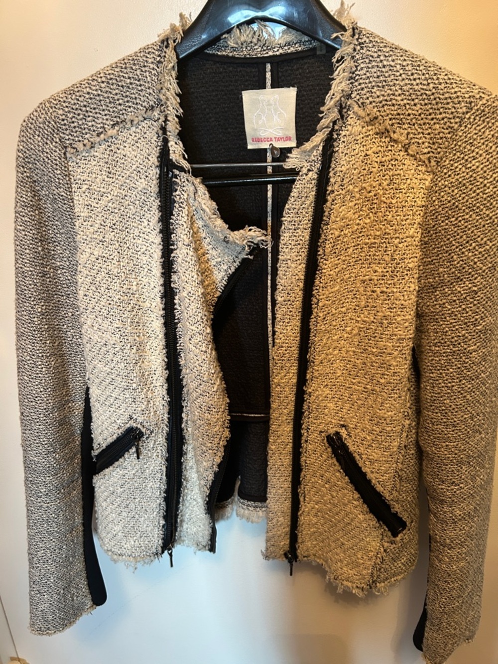 Rebecca Taylor Beige Tweed Fringe Trim Jacket with Black Accents